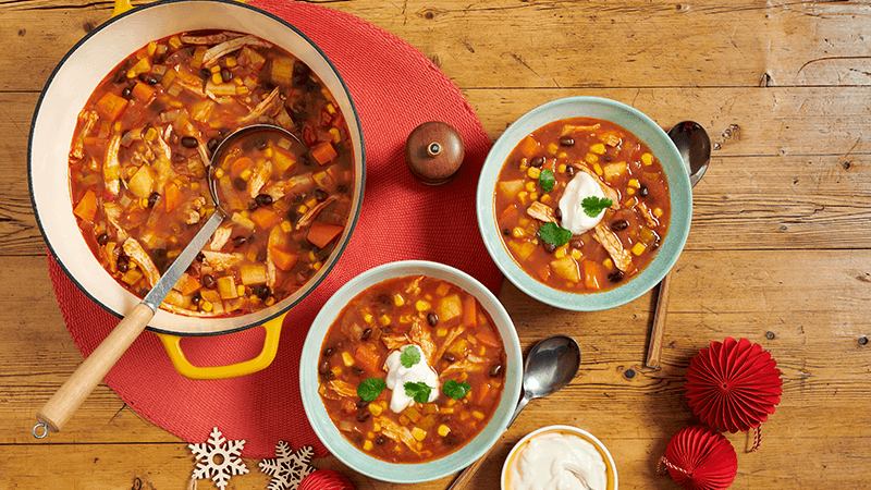 Chili turkey sweetcorn and black bean soup served in bowls